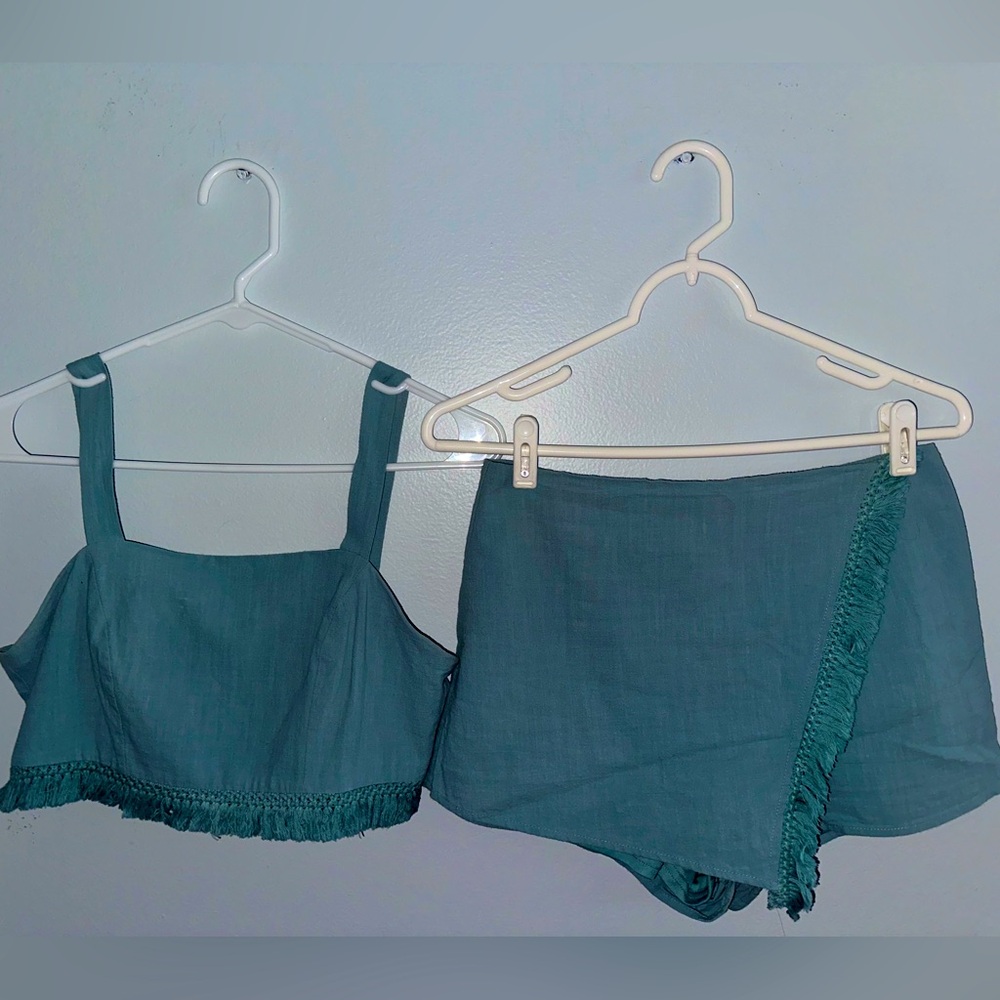 Blue Blush Two piece turquoise skirt set with fringe detail